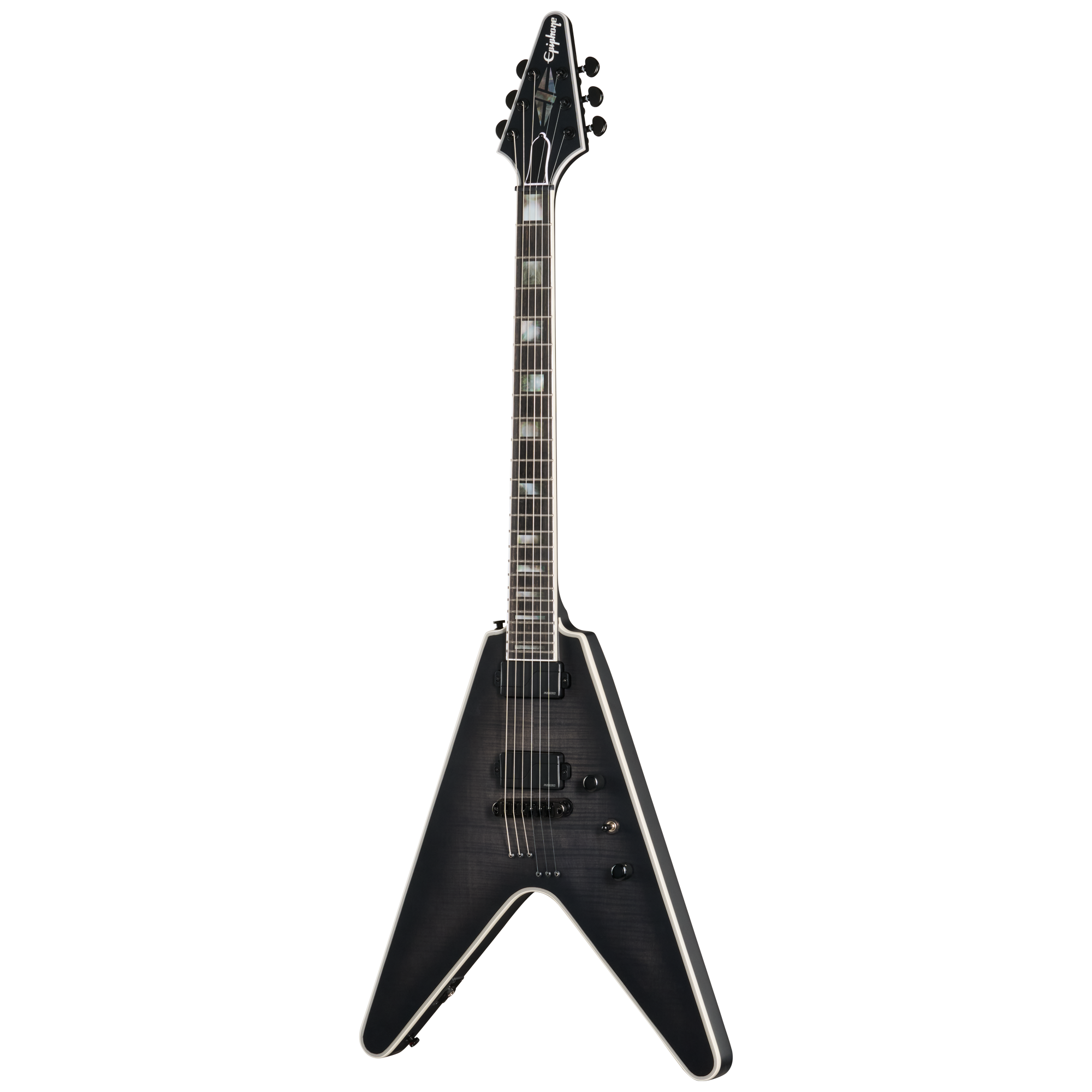 E-Gitarre, V-Korpus, schwarzes Finish, Humbucker, sechssaitig